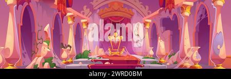 Altes verlassenes Schlosshaus mit Königsthron. Karikaturvektor-Illustration des königlichen Palastzimmer Innenraums mit beschädigten Wänden und Steinsäulen, zerrissenem Vorhang und Fahnen, gerissenem rotem Teppich, Spinnennetz und Pflanzen Stock Vektor