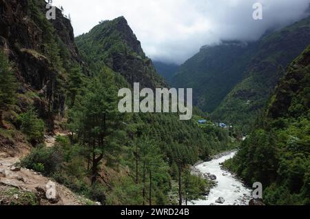 Berglandschaft. Everest Trek - Trail entlang des Flusses Dudh Kosi im Khumbu-Tal in der Nähe von Toktok, Solukhumbu, Nepal Stockfoto