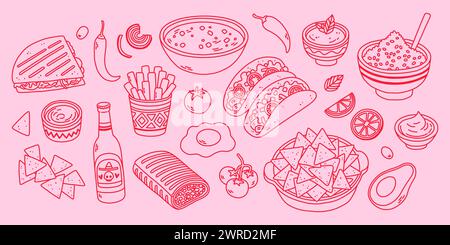 Trendige mexikanische Essenskunst in rosa Farben. Linie Art Vektor Hand gezeichnet Doodle Cartoon Satz von mexikanischem Essen Thema Stock Vektor