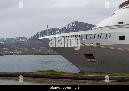 Das Kreuzfahrtschiff Silversea Silver Cloud lag im Juli in Nuuk, Grönland Stockfoto