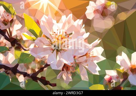 Niedrige Poly Cartoonblumen von Kirschblüten Baum, Frühling Natur geometrische Tapete, modernes Cover Design Stock Vektor
