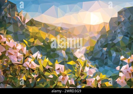 Niedrige Poly-Karikaturblumen von Kirschblüten Baum, Frühling Natur geometrische Tapete mit Sonnenaufgang und Bergen, modernes Cover Design Stock Vektor