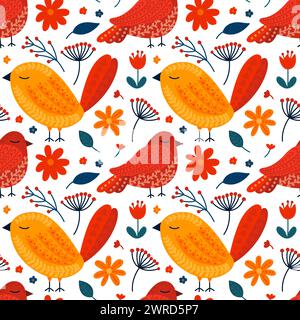 Folk Art Vögel nahtloses Muster Stock Vektor