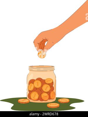 Sammeln Sie Geld im Glas Bankkaution. Münze von Hand. Einsparkonzept Stock Vektor
