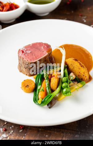 Filet Mignon serviert mit Gemüse und Saucen in einem feinen Restaurant Stockfoto