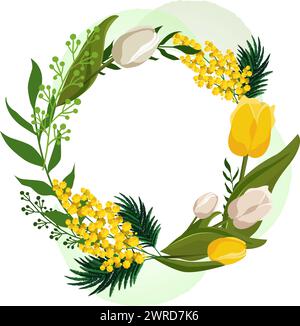 Runder Federrahmen mit gelben weißen Tulpen und Mimosa für Wörter und Text. Vektor-Hintergrundschablone mit Blumen für Design, Grußkarte, Banner, Stock Vektor