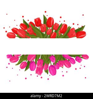 Rechteckiger Rahmen mit rosa roten Tulpen für Wörter und Text. Vektor-Hintergrundschablone mit Blumen für Design, Grußkarte, Banner, Brett, Fl Stock Vektor