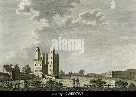 Rochester Castle in Kent England, eine normannische Festung, die in den späten 1000er Jahren begann und mit einem Turm aus Kentish-Ragstone um 1127 erbaut wurde. Randloser Schnitt im 6 x 4-Format Kupferstich von Richard Godfrey (1728–1795) aus einer Zeichnung von Francis Grose (1731–1791), veröffentlicht 1784 in Groses „The Antiquities of England and Wales“. Stockfoto