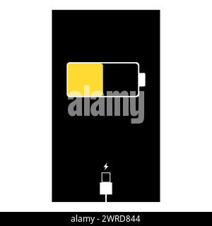 Symbol für das Aufladen des Telefons. Smartphone lädt den Akku auf. Ladezustandsanzeige und mit USB-Anschluss. Symbol isoliert auf schwarzem Hintergrund. Stock Vektor