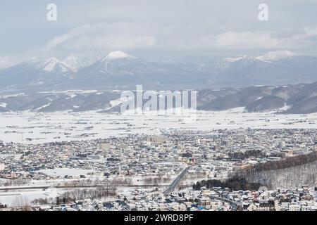 Winterlandschaft von Furano Town, Hokkaido, Japan Stockfoto