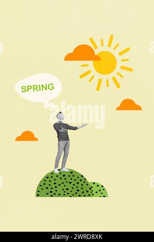 Vertikale kreative Fotoschablone Collage des glücklichen zufriedenen angenehmen gutaussehenden Mannes Genießen Sie Frühling Saison isolierten bunten Hintergrund Stockfoto