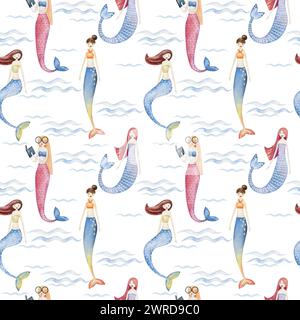 Aquarell-Nahtloses Muster mit Meerjungfrauen. Stockfoto