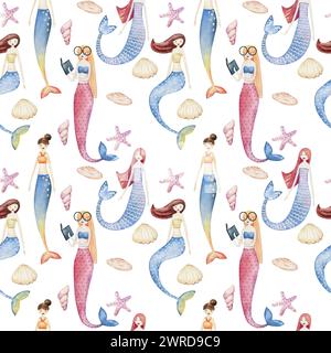 Aquarell-Nahtloses Muster mit Meerjungfrauen. Stockfoto