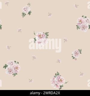 Rosafarbene Blüten mit Knospen und grünen Blättern, viktorianischer Stil, nahtloses minimalistisches Aquarellmuster auf beigefarbenem Hintergrund. Für den Einsatz in der Konstruktion, fabr Stockfoto