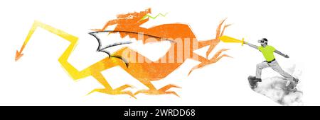 Banner. Zeitgenössische Kunstcollage. Ein junger Mann im Headset hält das gezogene Schwert erschreckend mit einem bemalten Drachen. Abstraktes Design. Stockfoto
