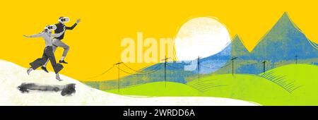Banner. Zeitgenössische Kunstcollage. Junge Menschen, Mann und Frau, in virtueller Brille, die in die Berge, in die Natur laufen. Abstraktes Design. Stockfoto