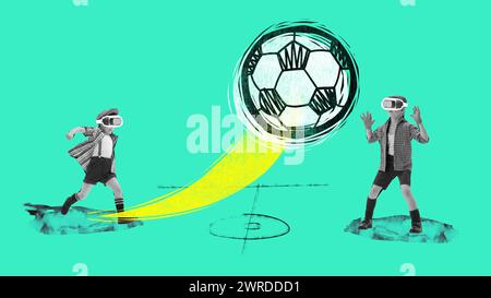 Zeitgenössische Kunstcollage. Zwei Jungen, Schüler in Retro-Kleidung in VR-Headsets, die Fußball spielen, während Draw Ball in Bewegung fliegt. Abstraktes Design. Stockfoto