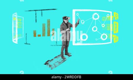 Zeitgenössische Kunstcollage. Junger Mann, Wissenschaftler in VR-Brillen, die mit Karten und Daten arbeiten. Abstraktes Design. Stockfoto