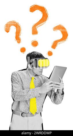 Zeitgenössische Kunstcollage. Neugieriger Mann, freiberuflicher Mitarbeiter in VR-Brillen, der auf ein Tablet mit Fragezeichen über dem Kopf blickt. Abstraktes Design. Stockfoto