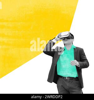 Zeitgenössische Kunstcollage. Forscher, Geschäftsmann in eleganter Freizeitkleidung, der in einem Virtual-Reality-Headset nach oben sucht. Abstraktes Design. Stockfoto
