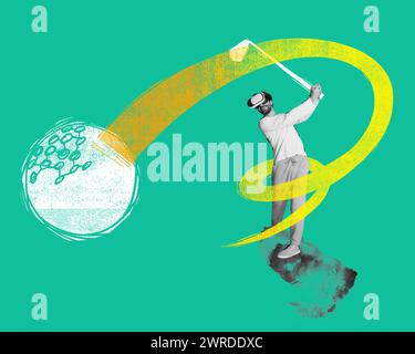 Zeitgenössische Kunstcollage. Junger Mann mit VR-Brille in Schwarz-weiß-Filter, der in Bewegung Golf spielt. Abstrakt gemaltes Design. Stockfoto