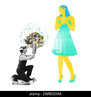 Zeitgenössische Kunstcollage. Ein junger Mann in Virtual-Reality-Gläsern schlug der bemalten Frau eine Blumenbank vor. Abstraktes Design. Stockfoto