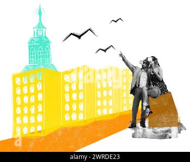 Zeitgenössische Kunstcollage. Schönes Paar, Mann und Frau im Schwarz-weiß-Filter, sitzen und genießen Sie die Aussicht auf die Stadt in einer VR-Brille. Abstraktes Design. Stockfoto