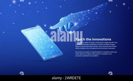 Polygonales, glänzendes Telefon und Handfinger, der zum Bildschirm reicht, mit Kopierraum auf dunkelblauem Hintergrund. Futuristisches Zellenbanner oder Webseitenvorlage. Stock Vektor