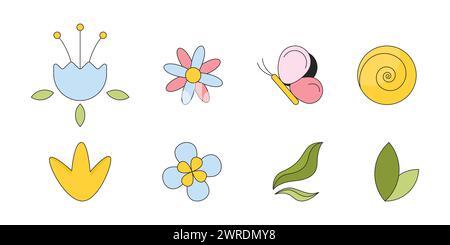 Hinterlässt Blumen Schmetterling lineare 2D-Zeichentrickobjekte Stock Vektor