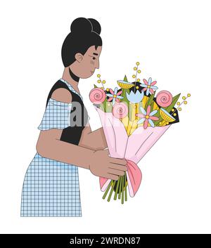 Junge schwarze Frau, die einen Strauß aus linearer 2D-Zeichentrickfigur bekommt Stock Vektor