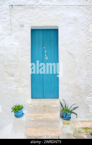 Eine bezaubernde geschlossene türkisfarbene Tür, umgeben von üppigen Pflanzen in Apulien, Süditalien, die mediterrane Architektur und rustikalen italienischen Charme bietet Stockfoto