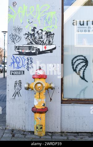 Fotografie von Street Art, auch bekannt als Graffiti in Reykjavik, Island, an einem Hydranten und einer Wand. Stockfoto