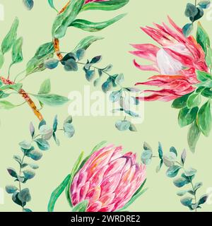 Protea Aquarell, Eukalyptusmuster. Vektor-Illustration von rosa Blumen. Designelement für Verpackungspapier, Textil, Tapeten, Stoff, Umschlag, scra Stock Vektor