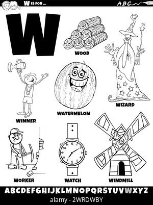 Zeichentrickdarstellung von Objekten und Zeichen, die für die Ausmalseite „Buchstabe W“ festgelegt wurden Stock Vektor