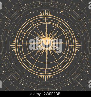 Esoterischer Kompass, Sonne und Mond im Zierrahmen, vier Ecken der Erde, mystisches Astrologie-Symbol im Tarot-Stil, Vektor Stock Vektor