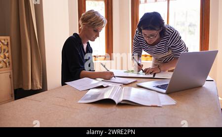 Geschäftsfrauen, Designerin und Zusammenarbeit mit Fernarbeit und der Arbeit am Modedesign. Teamwork, Unternehmergeist oder eine Idee einbringen Stockfoto