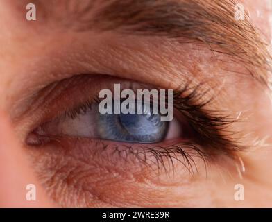 Sehr schöne blaue Augen eines Jungen, der auf seine Zukunft blickt. Stockfoto