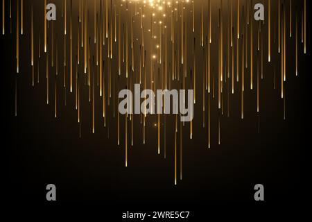 Goldener abstrakter leichter Regen. Herabfallende Glitzerlichter. Moderner futuristischer Luxus-Nachthintergrund mit Kometen und Meteoren. Glänzender funkelnder Vektor Stock Vektor