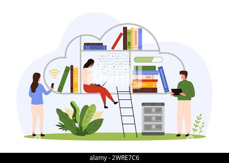 Digitale Bibliothek für Bildung, Schulungen mit KI-Technologie. Winzige Leute lernen mit Laptops in der Cloud mit Schaltkreis, Studenten lesen Wissenschaftsbücher online Cartoon Vektor Illustration Stock Vektor
