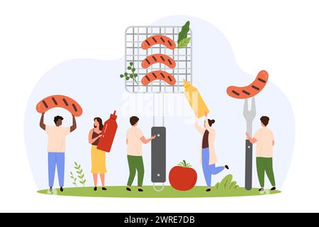 Fleischwürste auf dem Grill kochen, Grillgerichte zubereiten. Winzige Leute mit rohen Würstchen, Flasche Senf und Ketchup, Grillrost zum Grillen auf Sommer Picknick Party Cartoon Vektor Illustration Stock Vektor