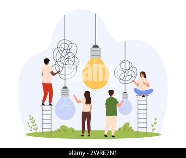 Kreative Idee zur Problemlösung, zum Verständnis und zur Vereinfachung komplexer Aufgaben. Winzige Leute arbeiten auf dunklen gebrochenen Glühbirnen mit unordentlichen Knoten von Drähten und elektrische gelbe Glühbirne Cartoon Vektor Illustration Stock Vektor