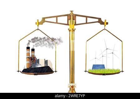 Konzept der konventionellen schadstoffbelastenden Energiefabrik versus erneuerbarer Energie mit Turbinen und Solarpaneelen auf einer Bilanzskala Stockfoto