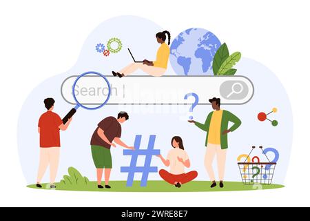 Suchleiste im Browser, um digitale Informationen im Internet zu finden. Winzige Leute mit Lupe, die nach Website-Inhalt online suchen, Fragezeichen und Tag-Symbol-Cartoon-Vektor-Illustration halten Stock Vektor