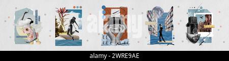 Kreative Collage Bild der sanften Frau Blumen Sport Schreibmaschine Bibliothek Kamera Foto Kopf Panorama bizarr ungewöhnliche Fantasy Reklametafel Stockfoto