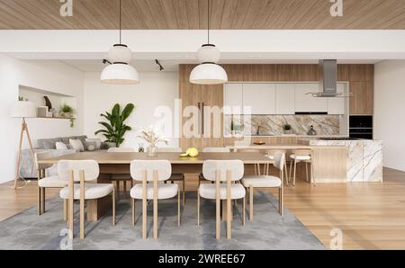 Offenes Wohnzimmer und Küche mit großen Fenstern, grauem Sofa, Esstisch und Hartholzboden. Moderne Designlösung, 3D-Rendering Stockfoto