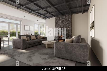 Innenraum des Wohnzimmers mit Steinmauer, Kamin, dunkler Sparrendecke und Holzfußboden. Moderne Konstruktionslösung, 3D-Rendering Stockfoto