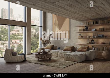 Grunge-Innenraum mit Betonwänden und Hartholzfußboden. Ausformungsart, 3D-Rendering Stockfoto