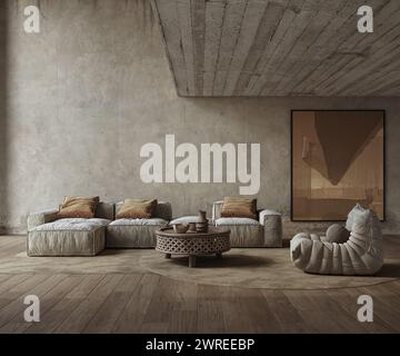 Grunge-Innenraum mit Betonwänden und Hartholzfußboden. Ausformungsart, 3D-Rendering Stockfoto
