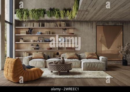 Grunge-Innenraum mit Betonwänden und Hartholzfußboden. Ausformungsart, 3D-Rendering Stockfoto