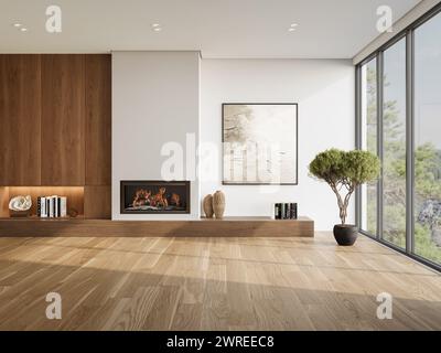 Minimalistisches Wohnzimmer mit modernem Kamin und weißen Wänden. Innenmodell, 3D-Rendering Stockfoto